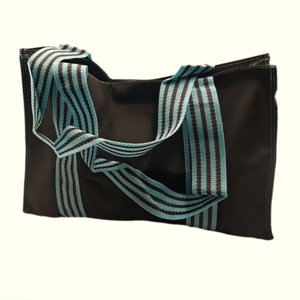 Brown Tote Bag w/ Blue Striped Handles